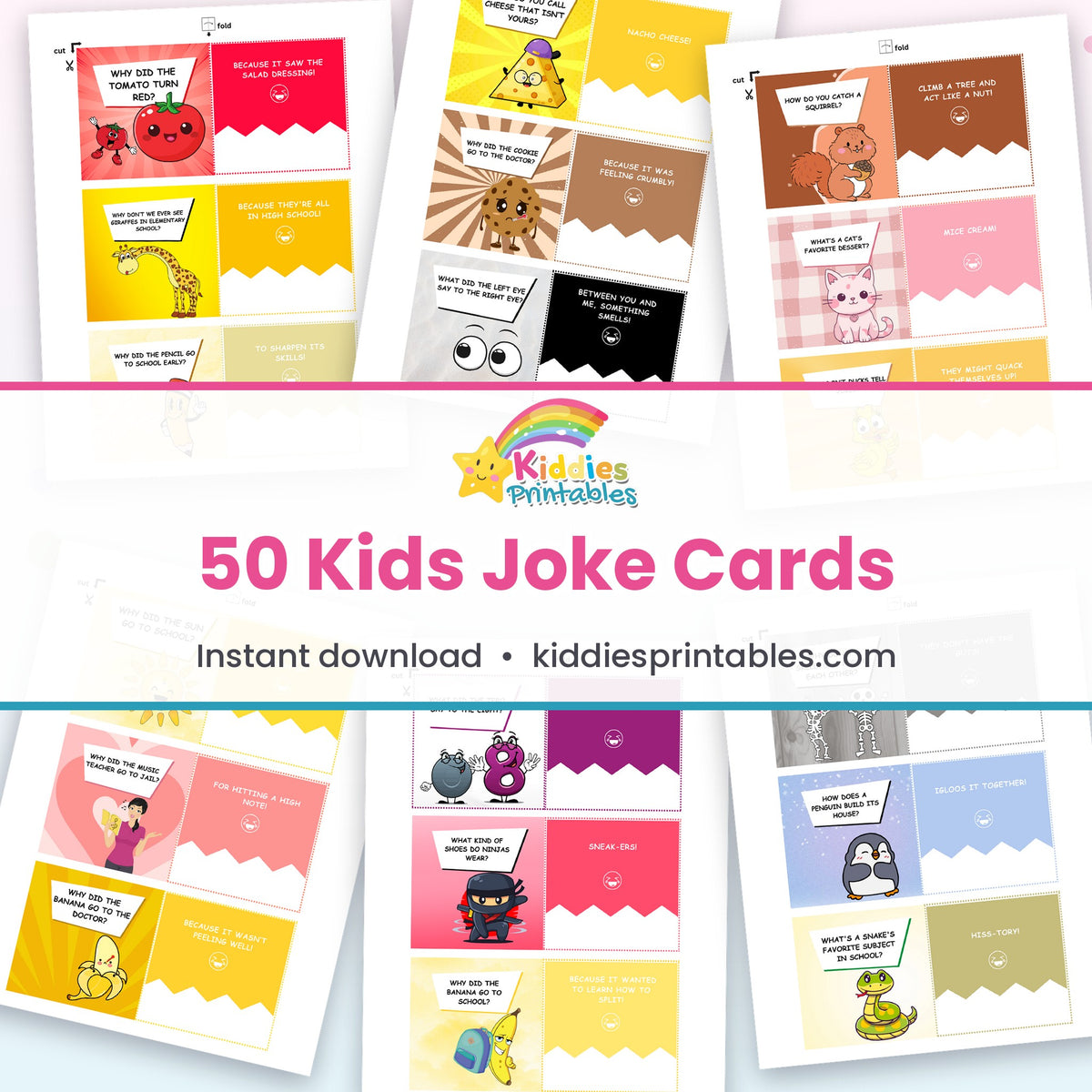 50 Kids Joke Cards printable – page collage