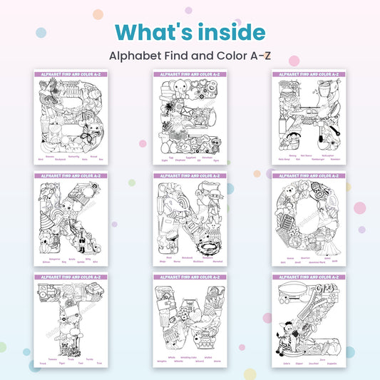 Alphabet Find and Color A-Z printable – inside pages preview