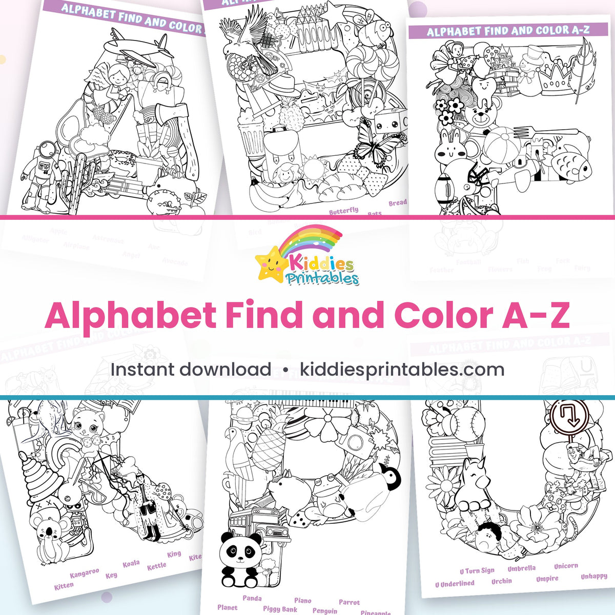 Alphabet Find and Color A-Z printable – page collage