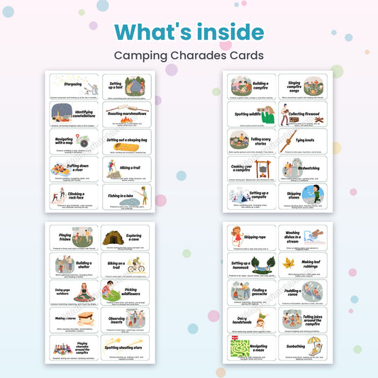 Camping Charades Cards printable – inside pages preview