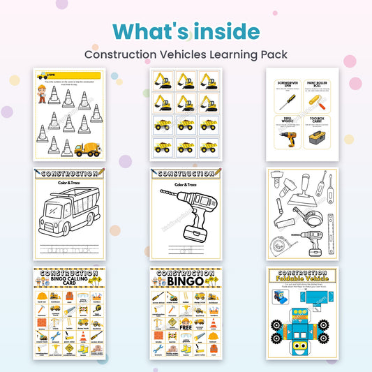 Construction Vehicles Learning Pack printable – inside pages preview