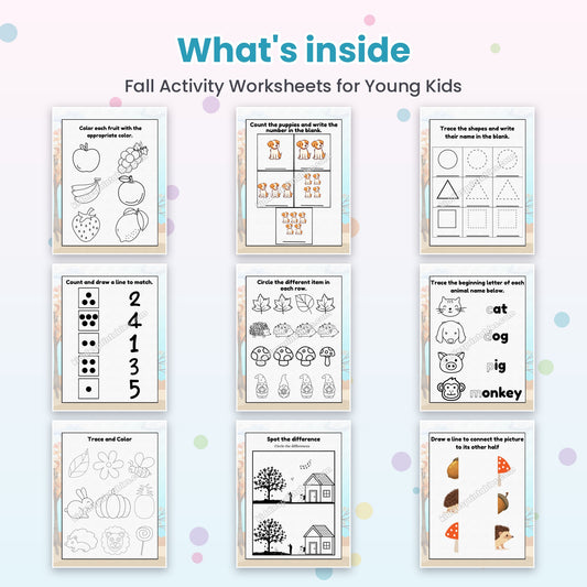 Fall Activity Worksheets for Young Kids printable – inside pages preview