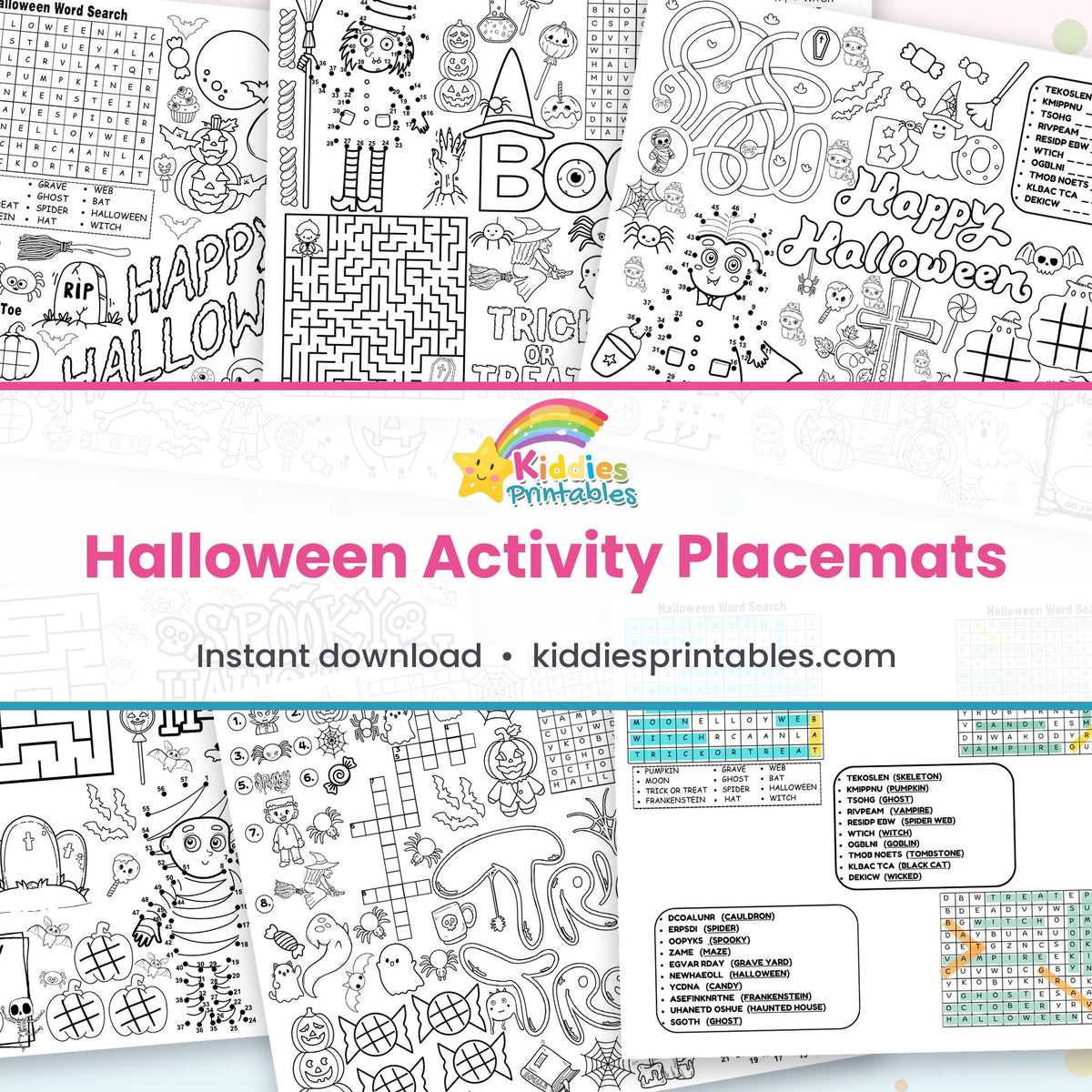 Halloween Activity Placemats printable – page collage