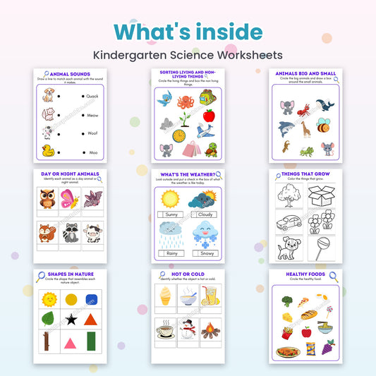 Kindergarten Science Worksheets printable – inside pages preview