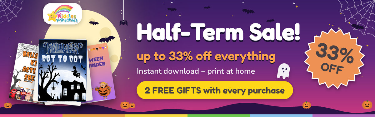 Half-Term Sale – up to 33% off everything plus 2 free gifts with every purchase, Kiddies Printables Halloween printables