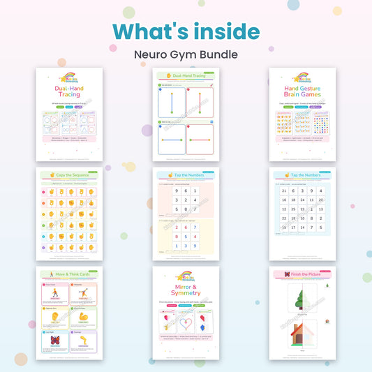 What's inside the Neuro Gym Bundle – dual-hand tracing, hand gesture games, finger gym, movement cards and mirror drawing pages