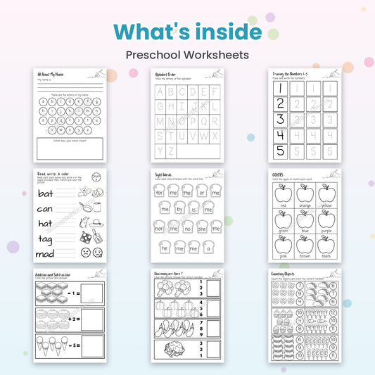 Preschool Worksheets printable – inside pages preview