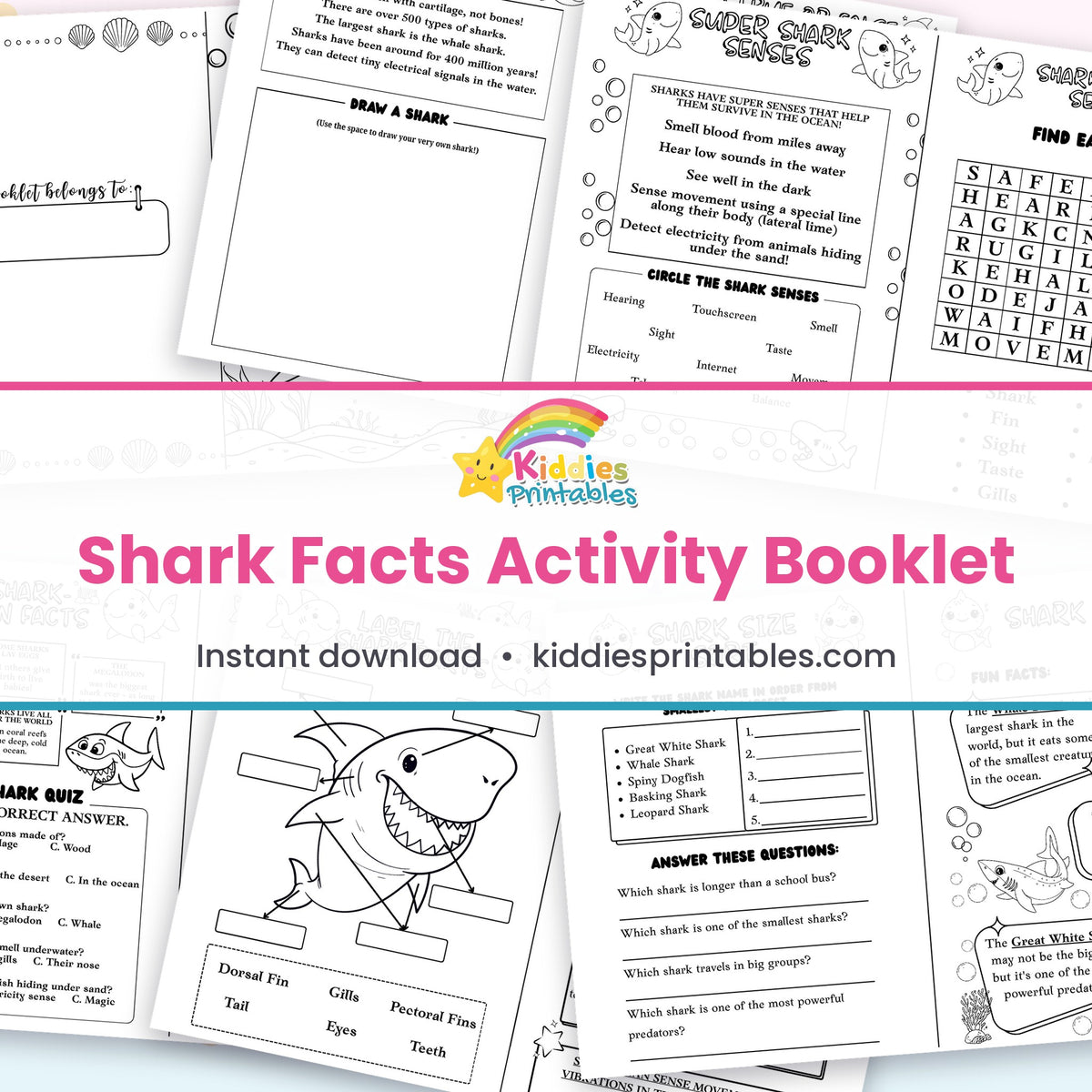 Shark Facts Activity Booklet printable – page collage