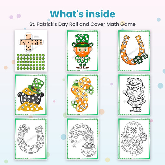 St. Patrick's Day Roll and Cover Math Game – what's inside