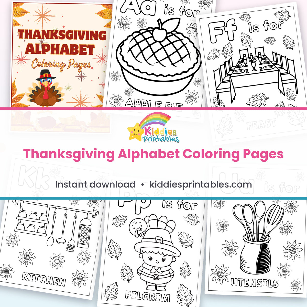 Thanksgiving alphabet coloring pages collage