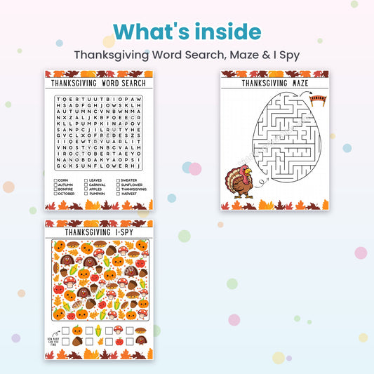 Thanksgiving Word Search, Maze & I Spy printable – inside pages preview
