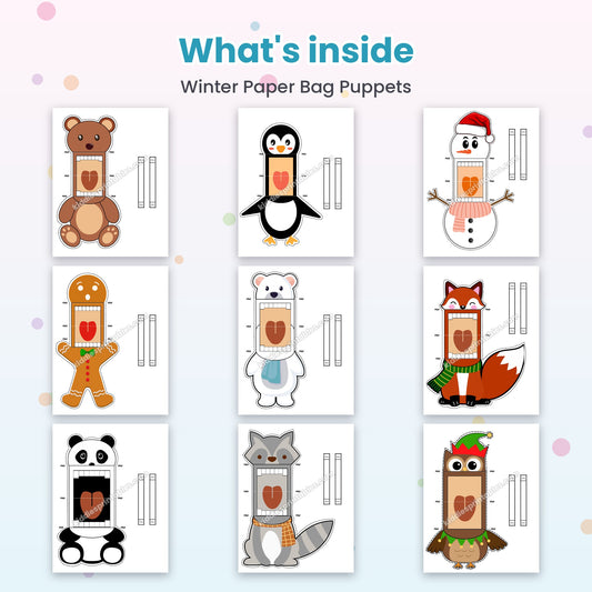Winter Paper Bag Puppets printable – inside pages preview