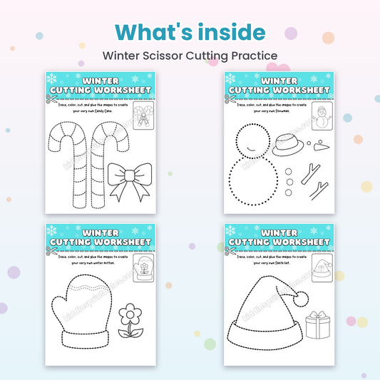 Winter Scissor Cutting Practice printable – inside pages preview