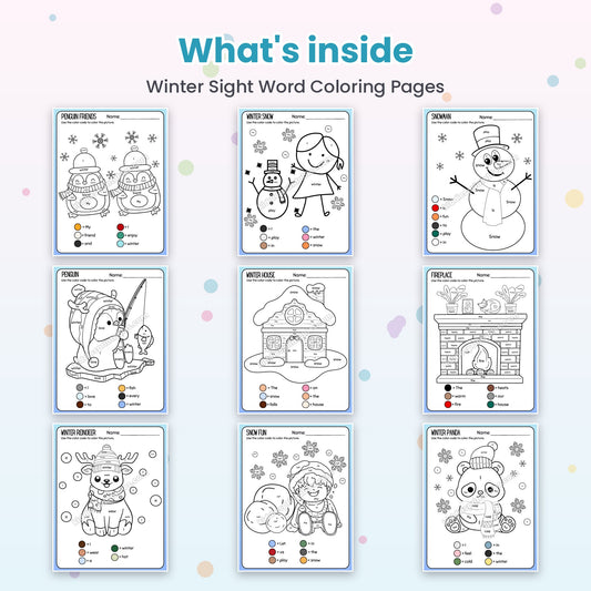 Inside pages of Winter Sight Word Coloring Pages