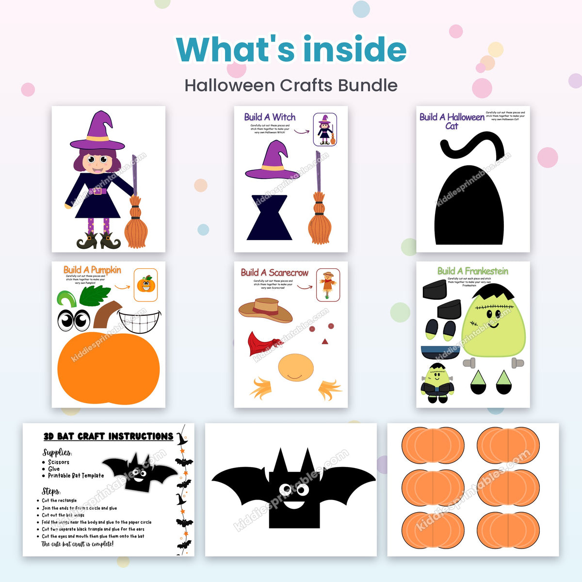 Inside the Halloween Crafts Bundle: witch, black cat, pumpkin, scarecrow, Frankenstein, zombie and bat crafts