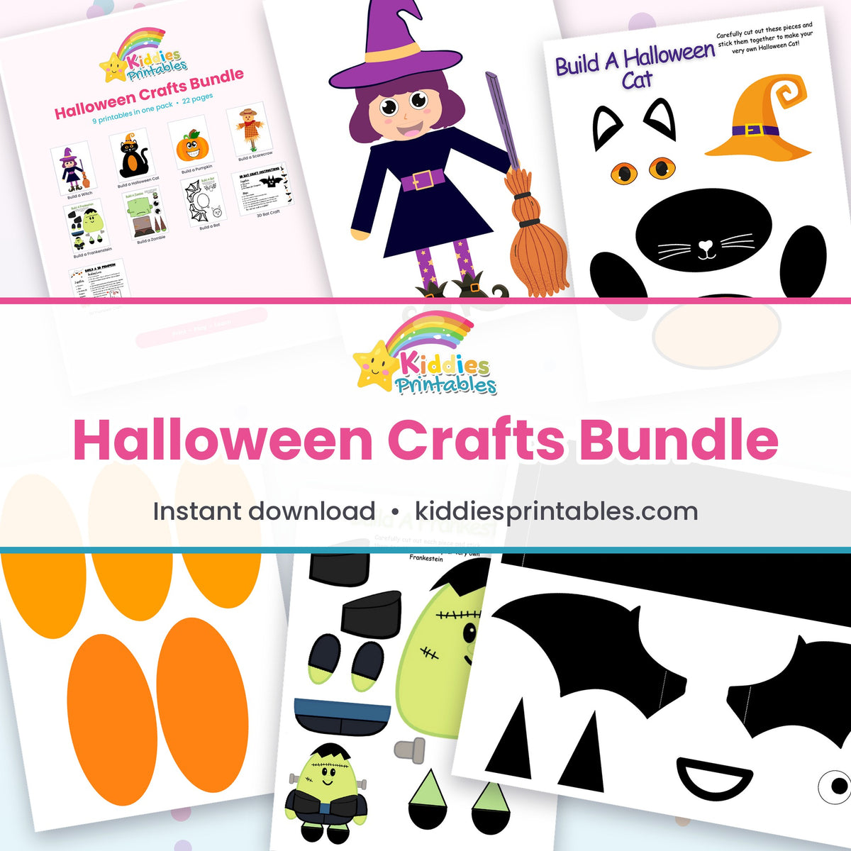Halloween Crafts Bundle page collage including the 3D bat and 3D pumpkin crafts