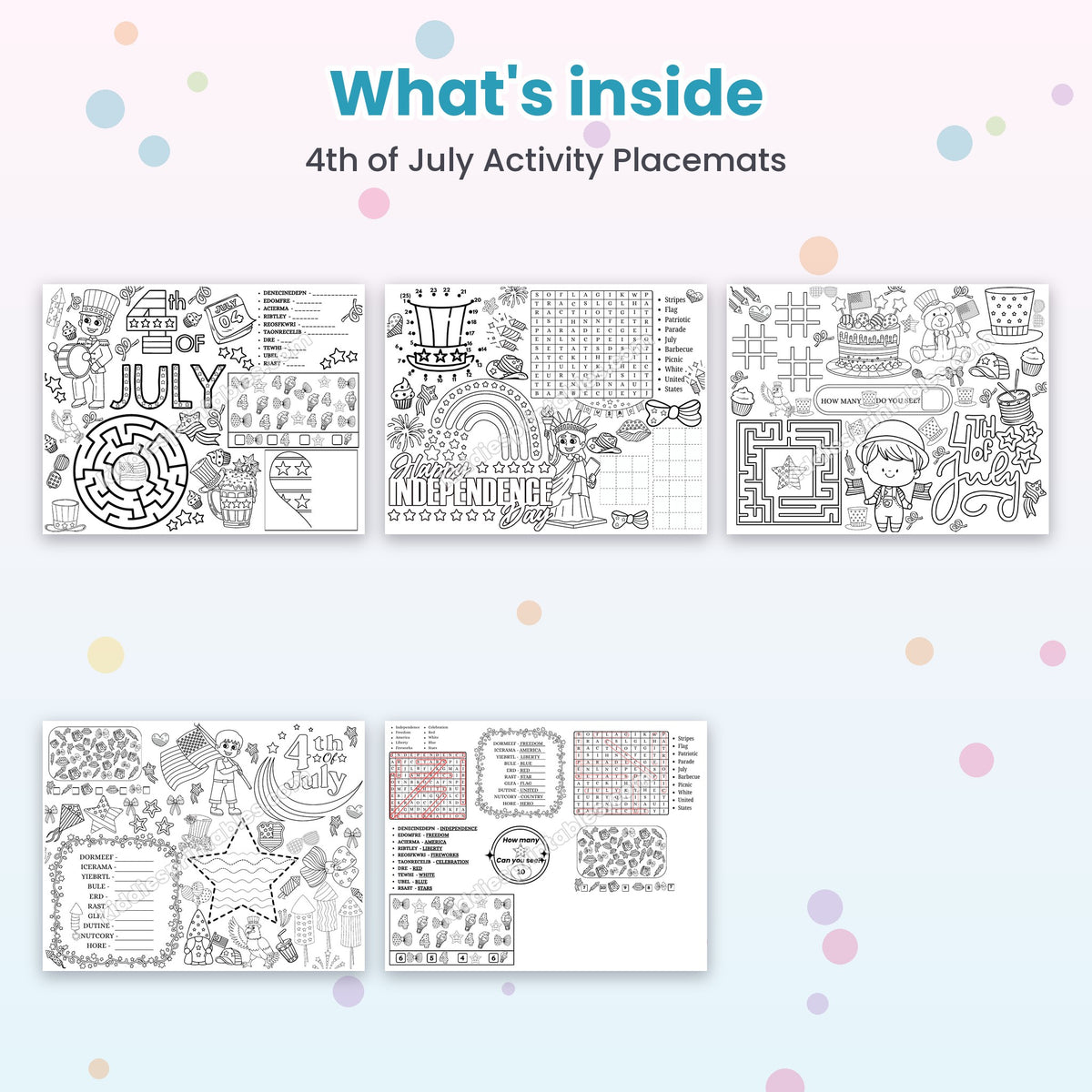 4th of July Activity Placemats printable – inside pages preview