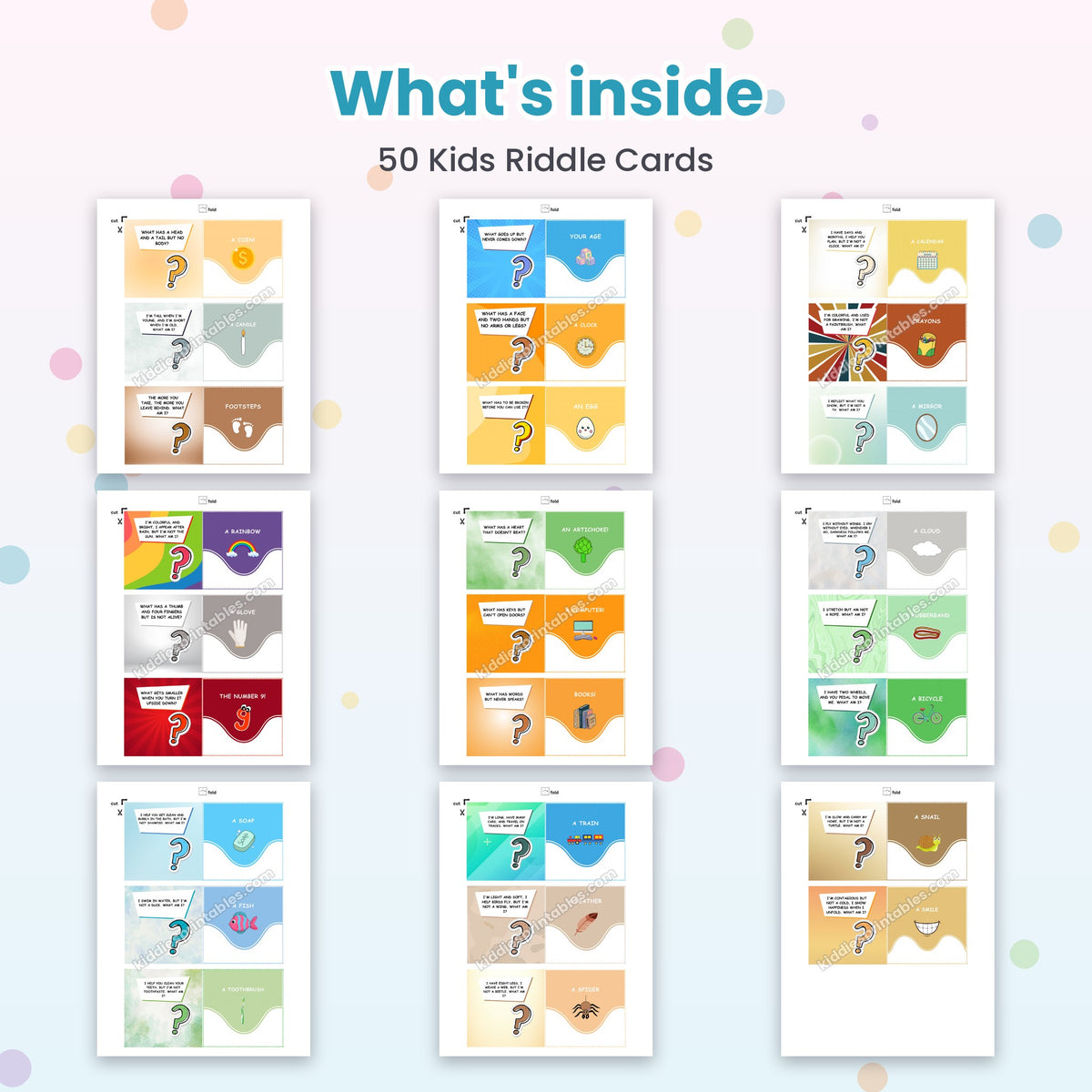 50 Kids Riddle Cards printable – inside pages preview