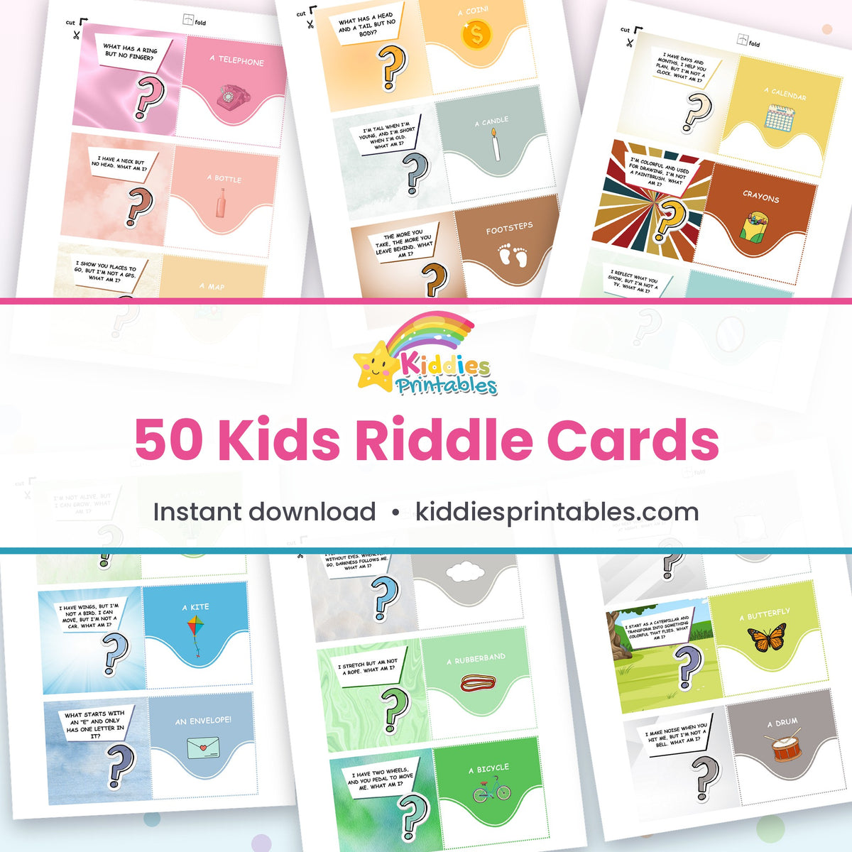 50 Kids Riddle Cards printable – page collage