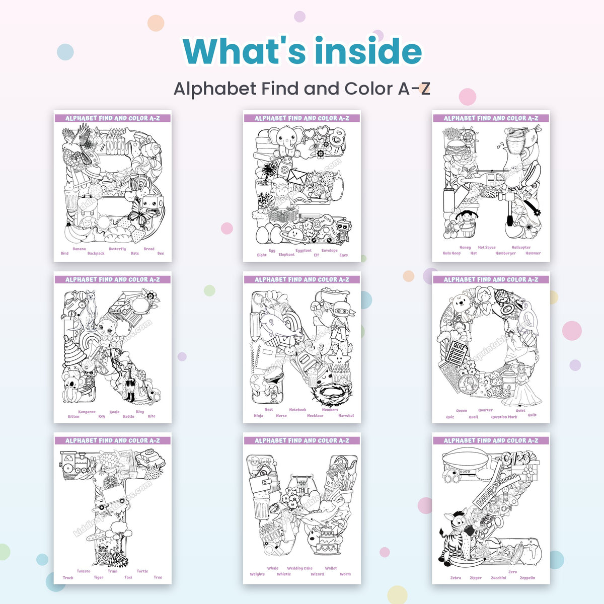 Alphabet Find and Color A-Z printable – inside pages preview