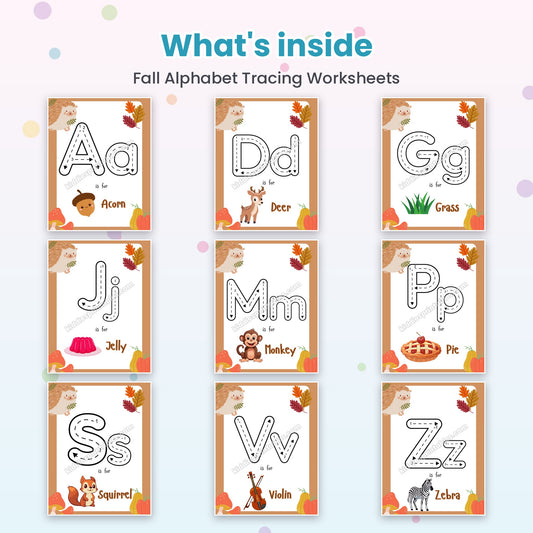 Fall Alphabet Tracing Worksheets printable – inside pages preview