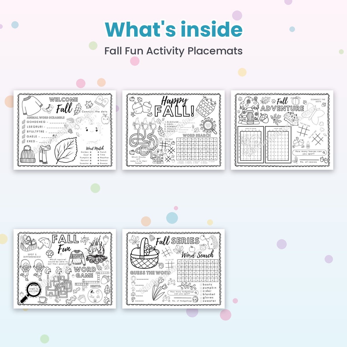 Fall Fun Activity Placemats printable – inside pages preview