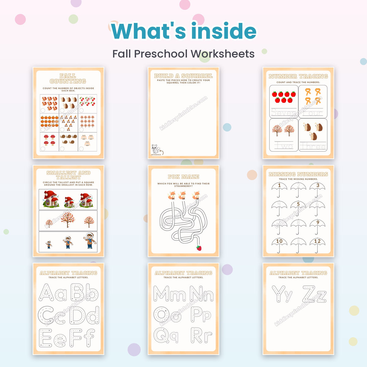 Fall Preschool Worksheets printable – inside pages preview