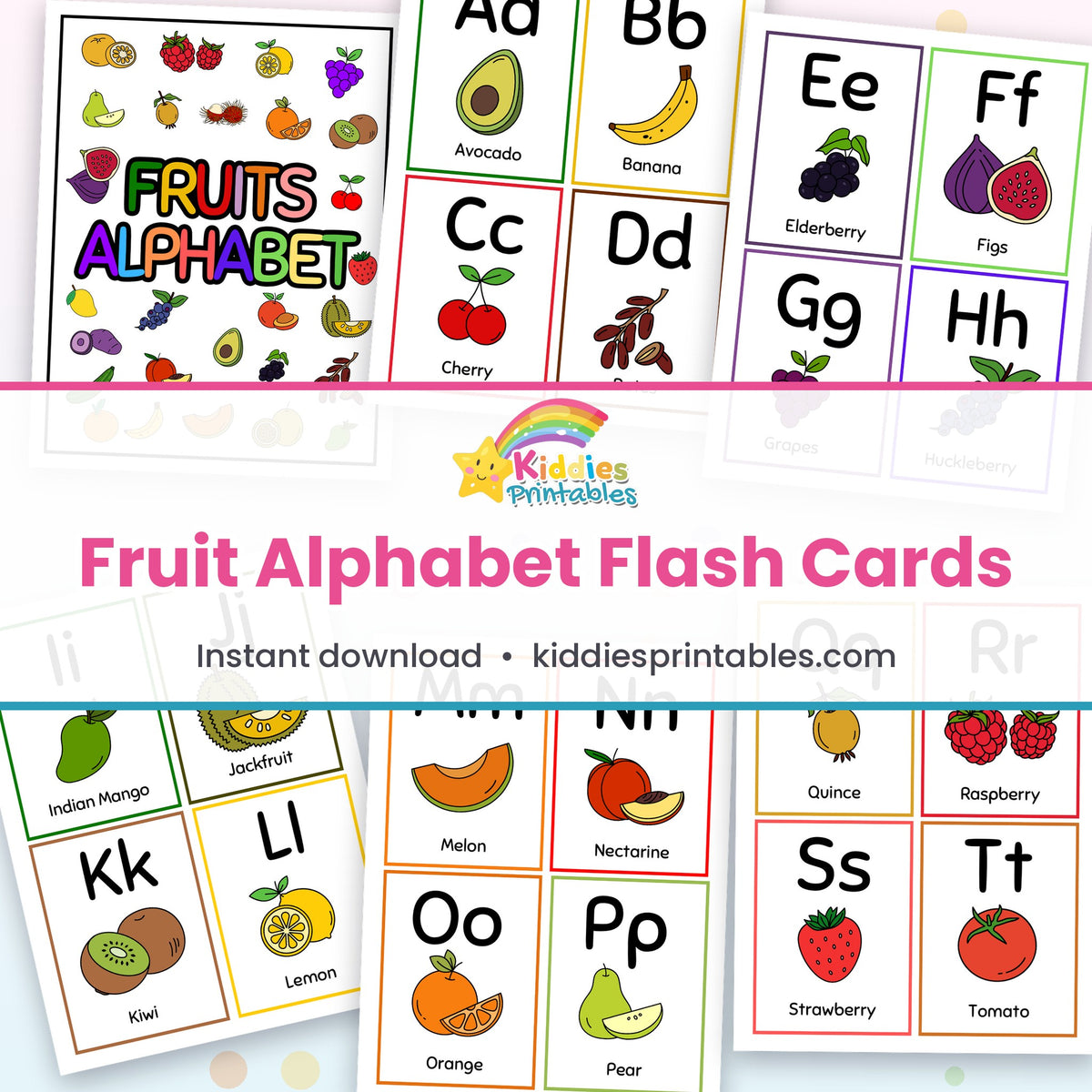 Fruit Alphabet Flash Cards printable – page collage