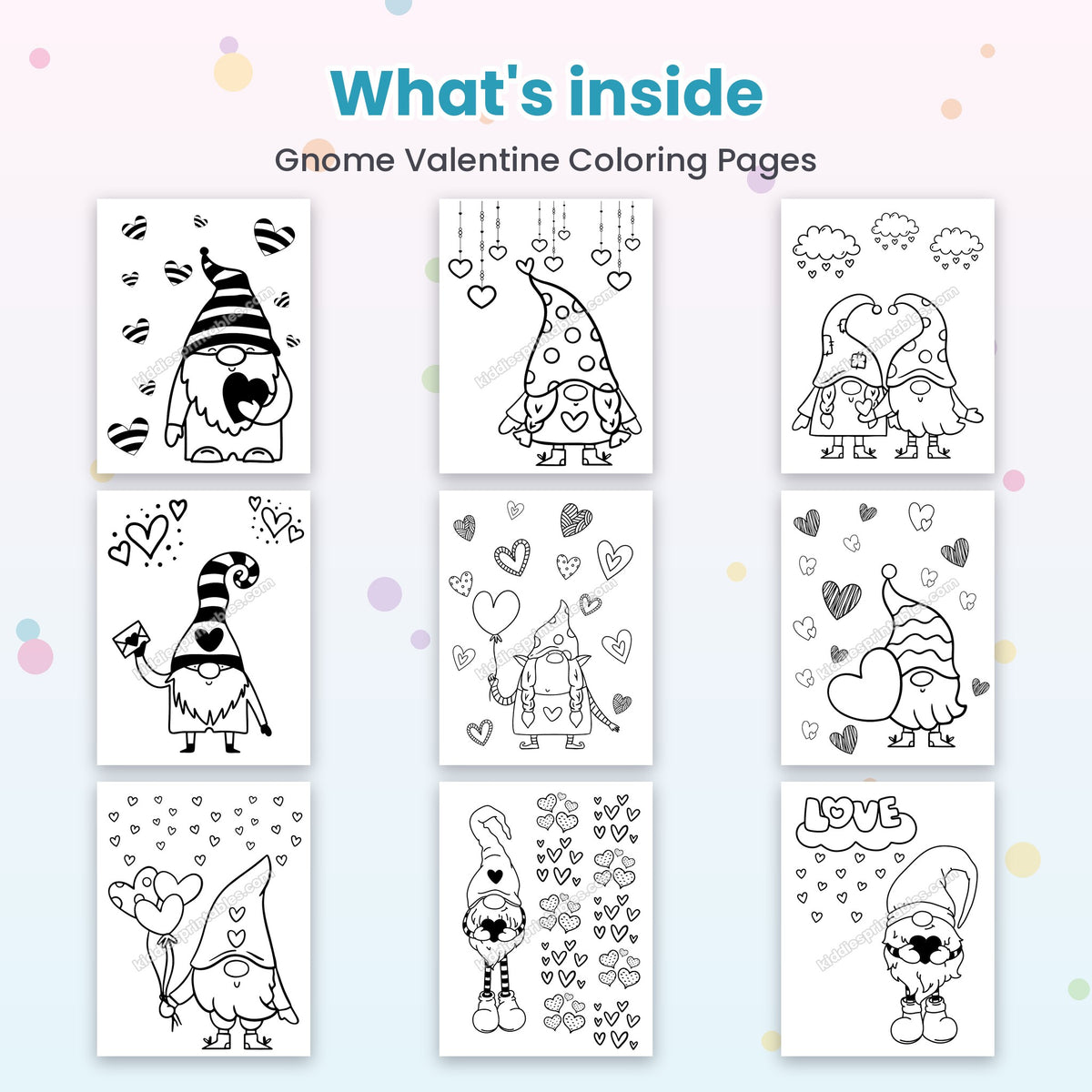Inside pages of Gnome Valentine Coloring Pages