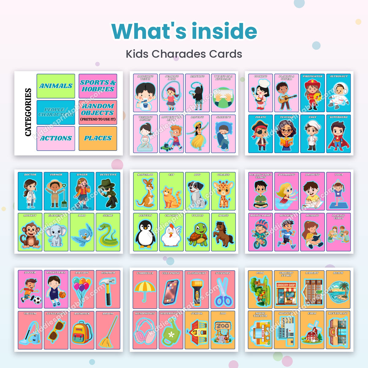 Kids Charades Cards printable – inside pages preview