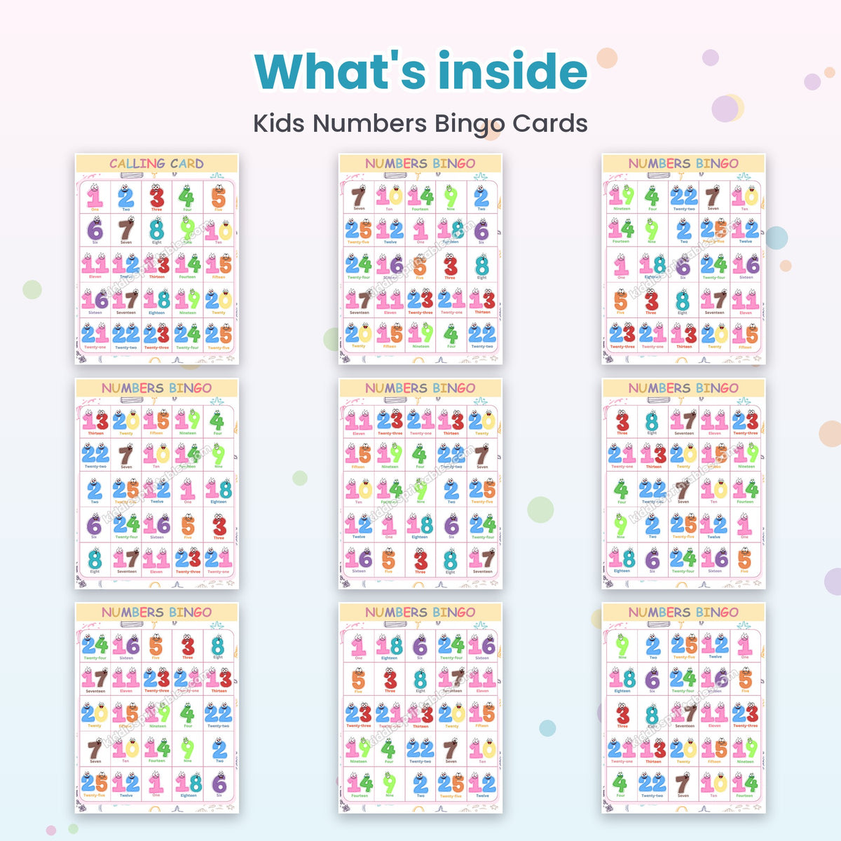 Kids Numbers Bingo Cards printable – inside pages preview