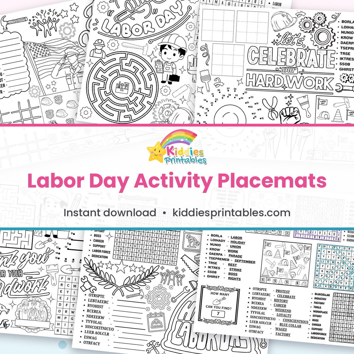 Labor Day Activity Placemats printable – page collage