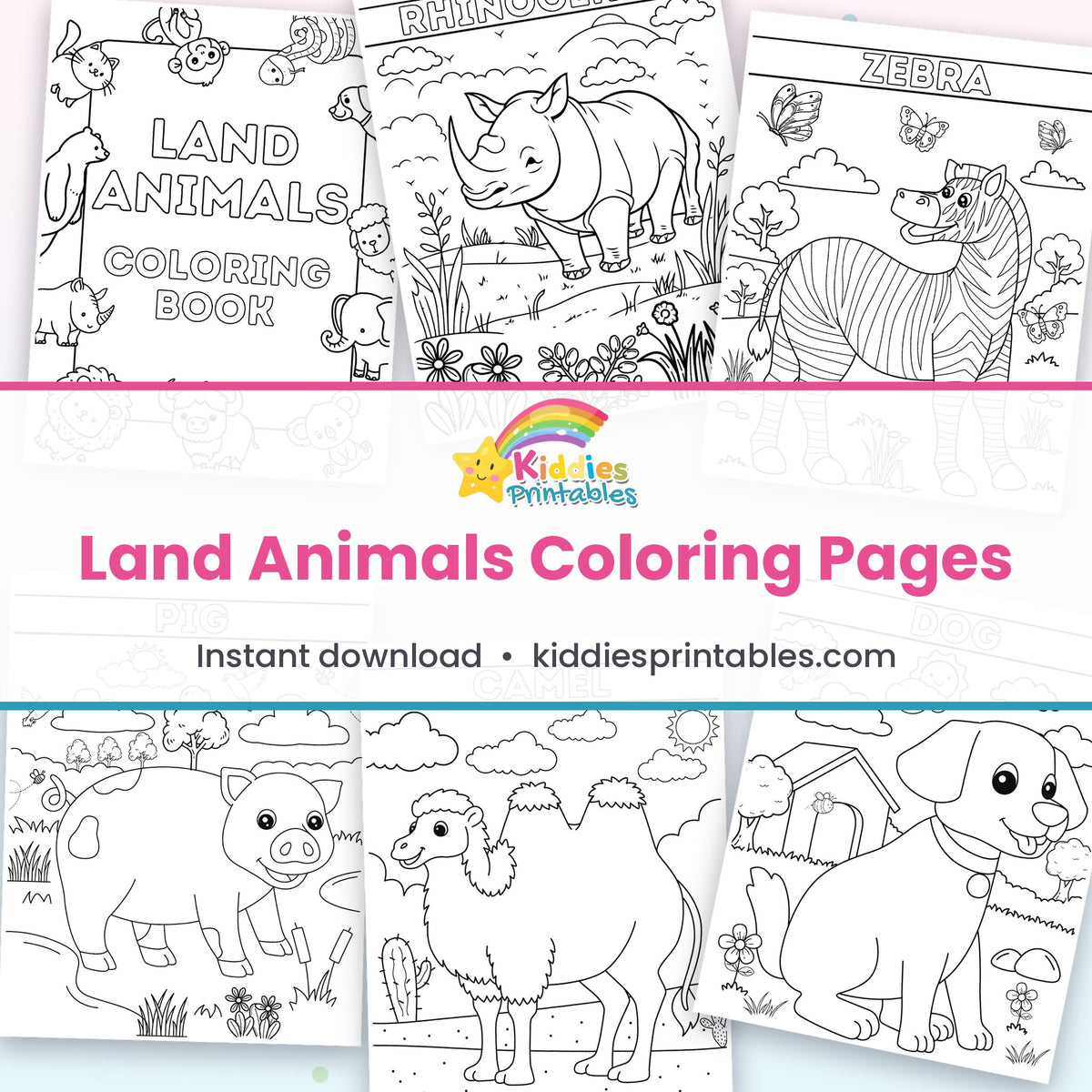 Land Animals Coloring Pages – page collage