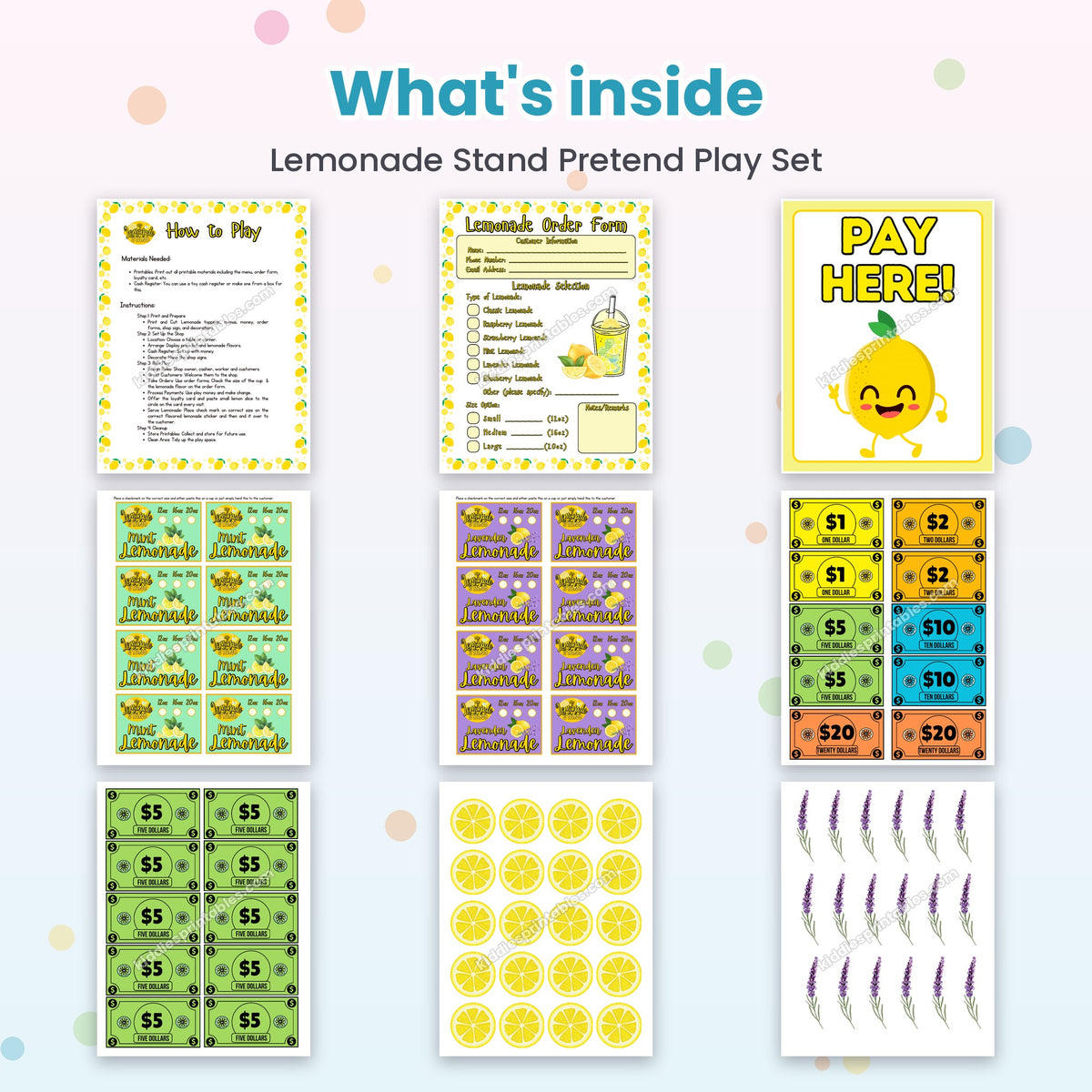Lemonade Stand Pretend Play Set printable – inside pages preview