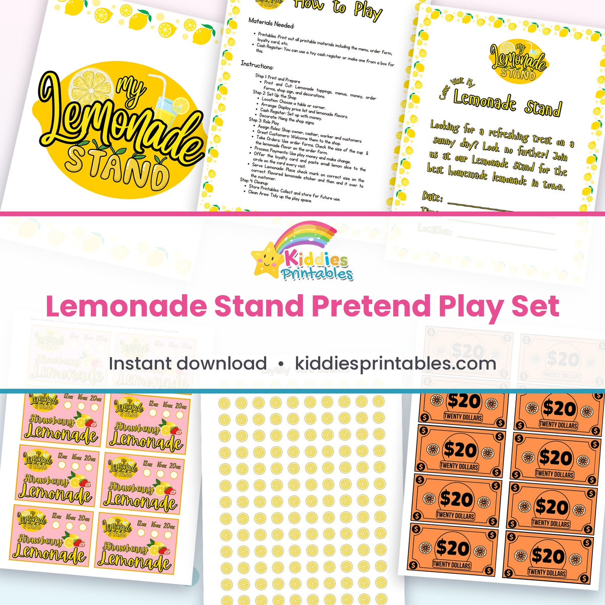 Lemonade Stand Pretend Play Set printable – page collage