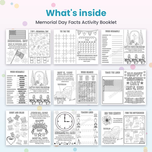 Memorial Day Facts Activity Booklet printable – inside pages preview