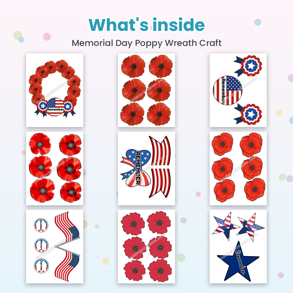 Memorial Day Poppy Wreath Craft printable – inside pages preview