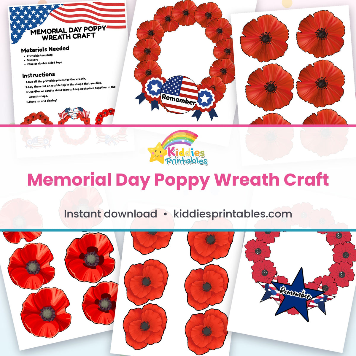 Memorial Day Poppy Wreath Craft printable – page collage