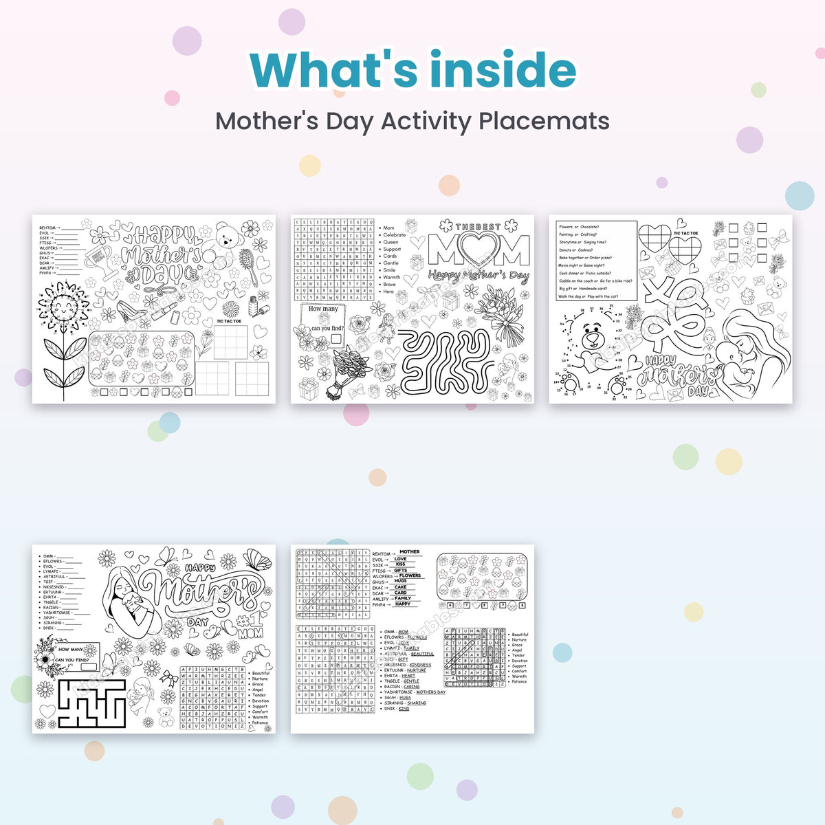 Mother's Day Activity Placemats printable – inside pages preview