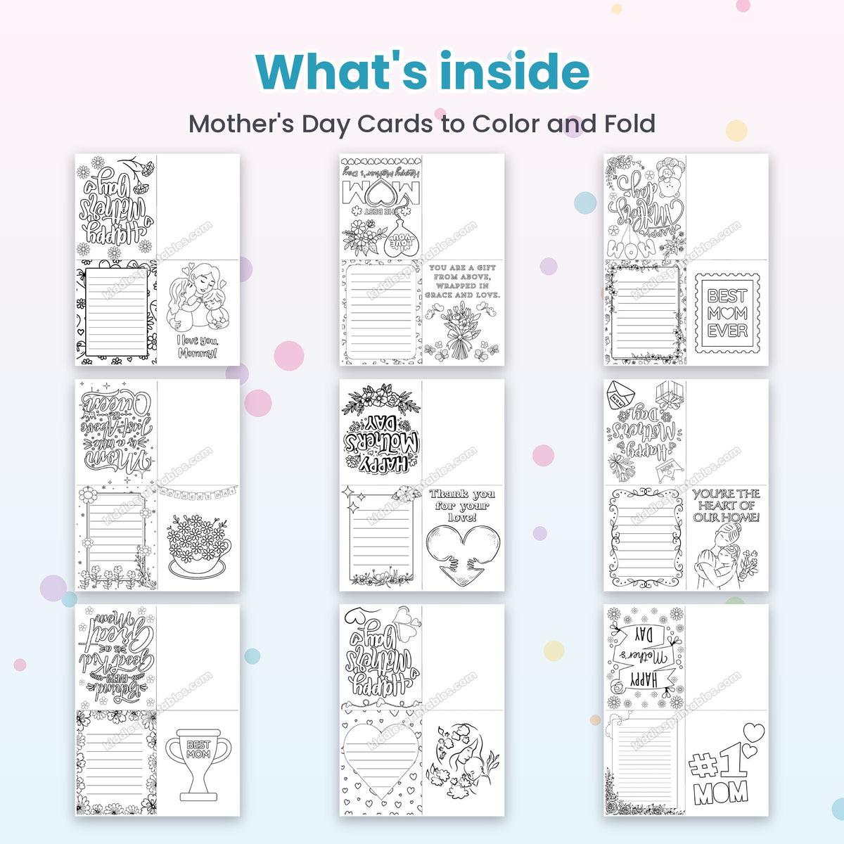 Mother's Day Cards to Colour and Fold printable – inside pages preview