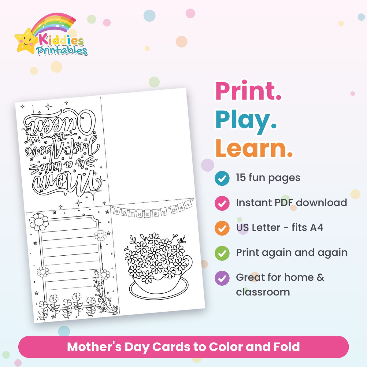 Mother's Day Cards to Colour and Fold printable – what's included