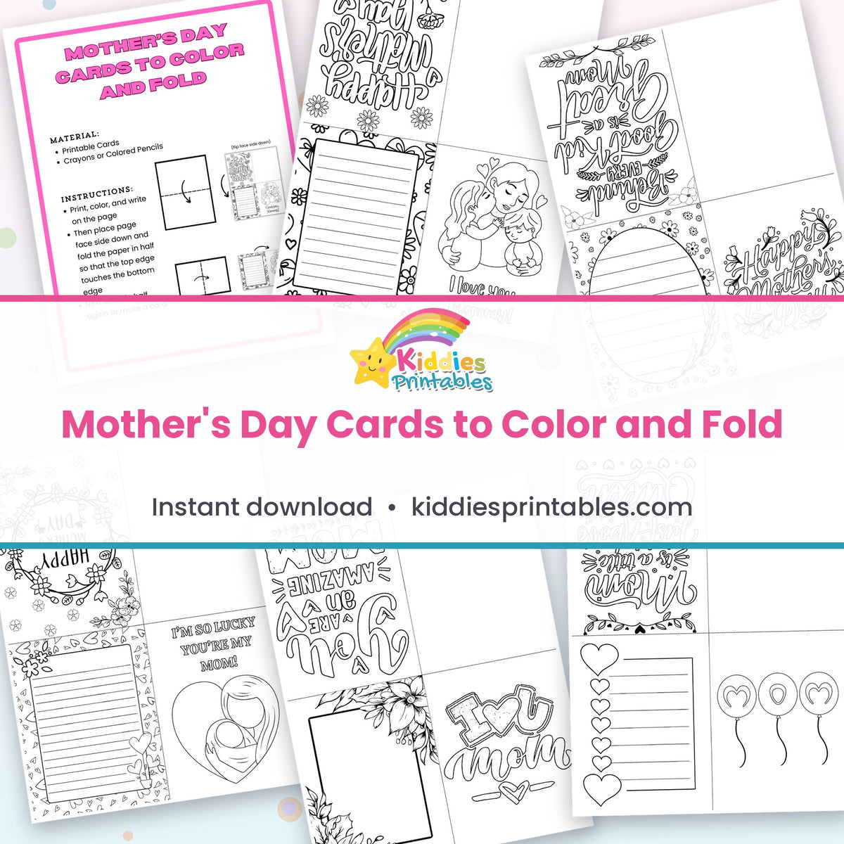 Mother's Day Cards to Colour and Fold printable – page collage