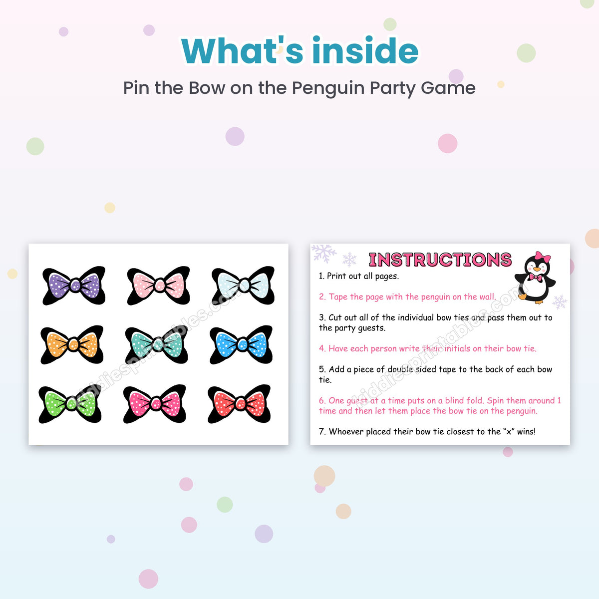Pin the Bow on the Penguin printable – inside pages preview