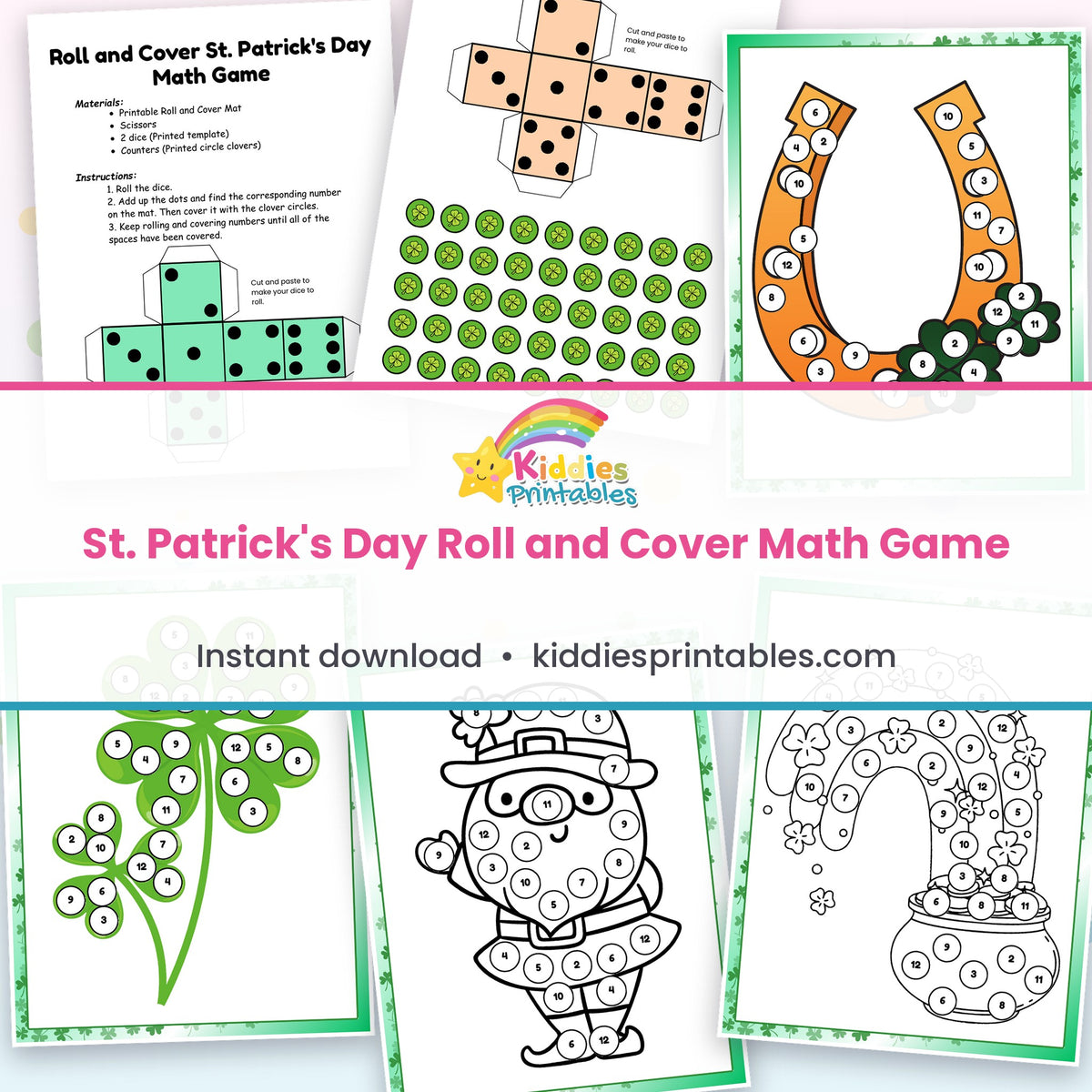 St. Patrick's Day Roll and Cover Math Game – page collage