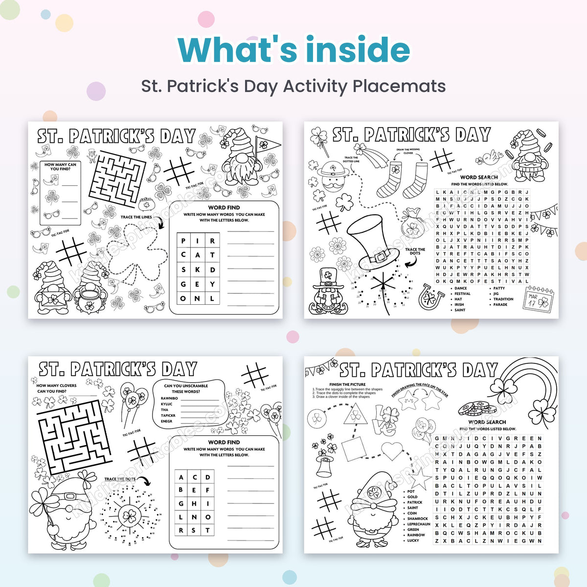 St. Patrick's Day Activity Placemats printable – inside pages preview