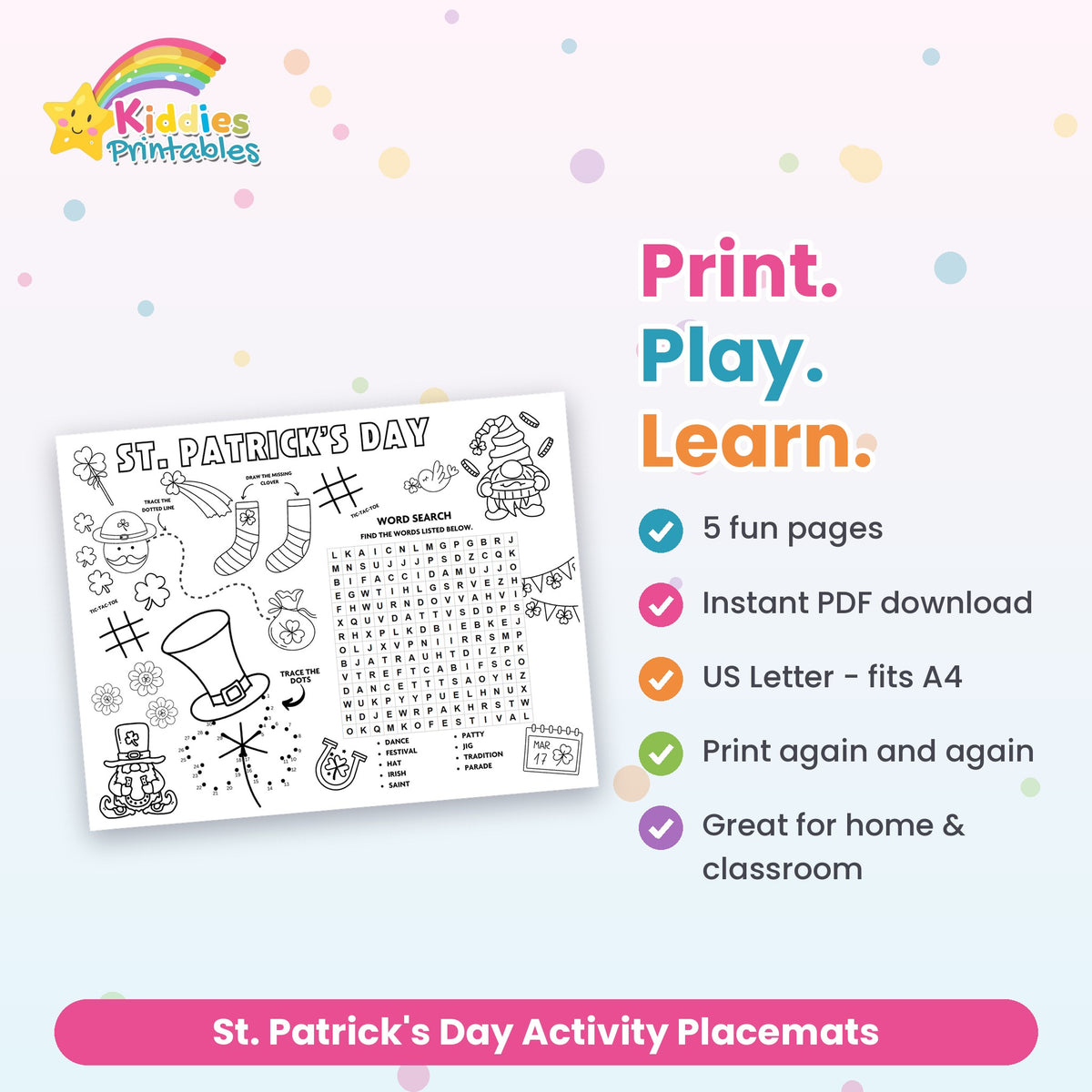 St. Patrick's Day Activity Placemats printable – what's included