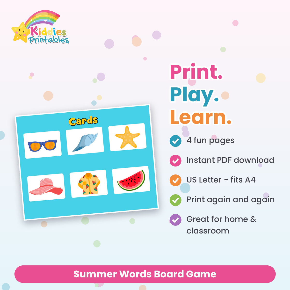 Summer Words Board Game printable – what's included