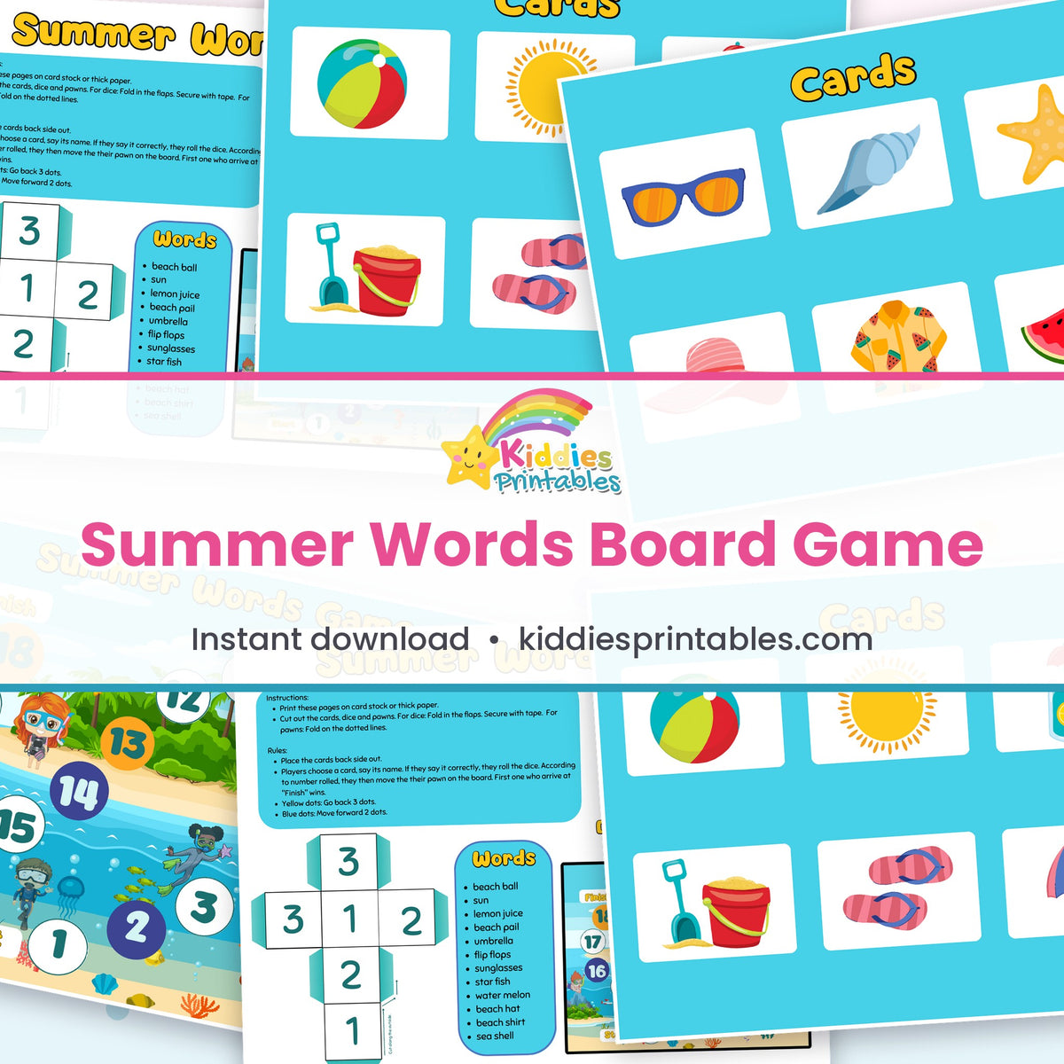 Summer Words Board Game printable – page collage