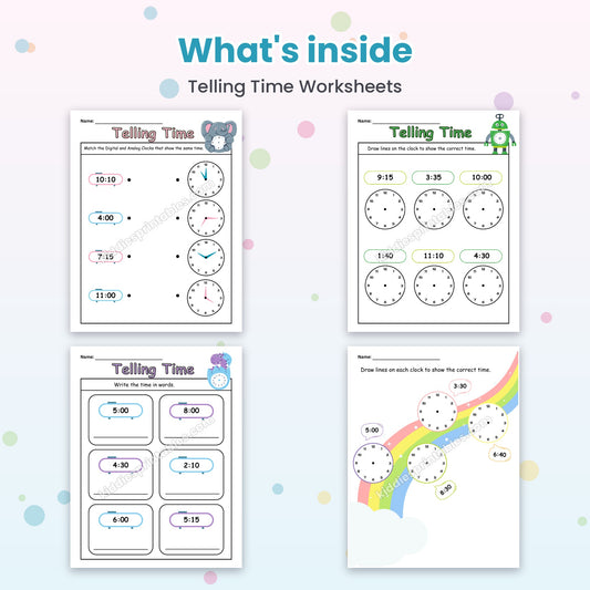 Telling Time Worksheets printable – inside pages preview
