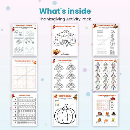 Inside pages of Thanksgiving Activity Pack